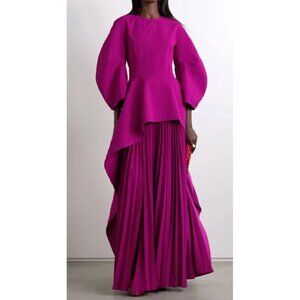 Long Sleeves Loose Pleated Solid Color Split-Joint Tiered Round-Neck Maxi Dresse